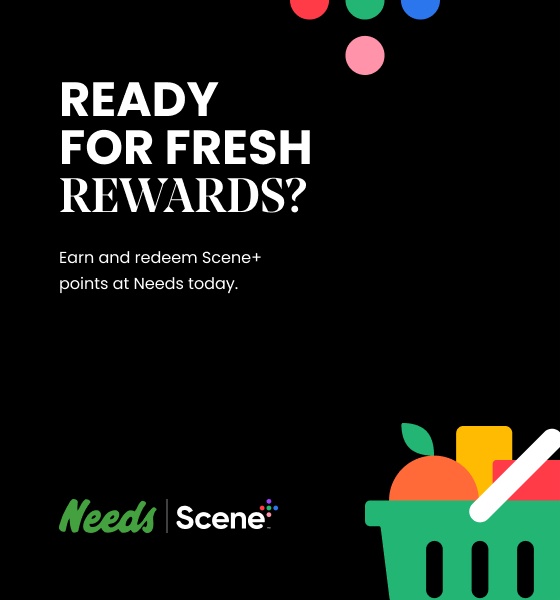 Text Reading 'Ready for fresh rewards? Earn and redeem Scene+ points at Needs today with ELM.'