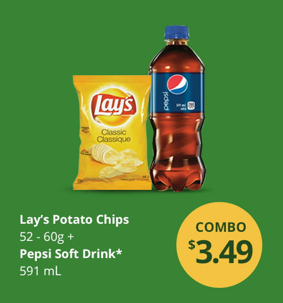 Text Reading "Buy Lays Potato Chips 52 - 60 grams pack and Pepsi Soft Drink 591mL bottle at $3.49"