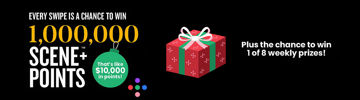 Every swipe is a chance to win 1,000,000 Scene+ points, that’s like $10,000 in points, plus the chance to win one of eight weekly prizes